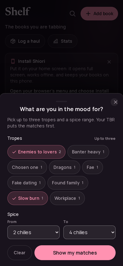 The mood picker: trope chips to pick from, a spice range, Show my matches