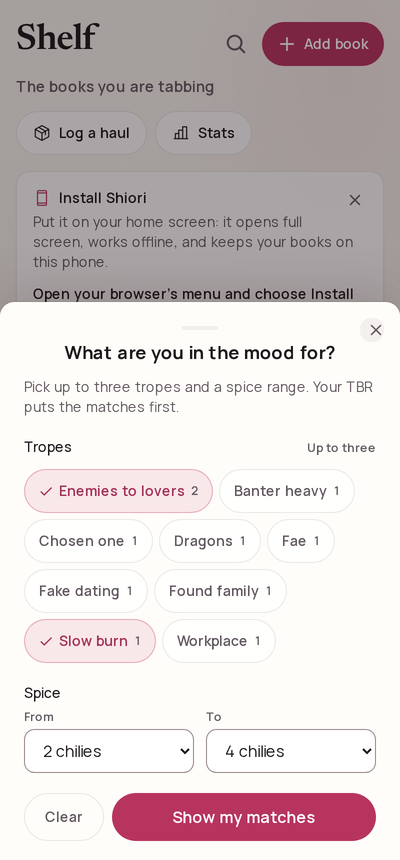 The mood picker: trope chips to pick from, a spice range, Show my matches
