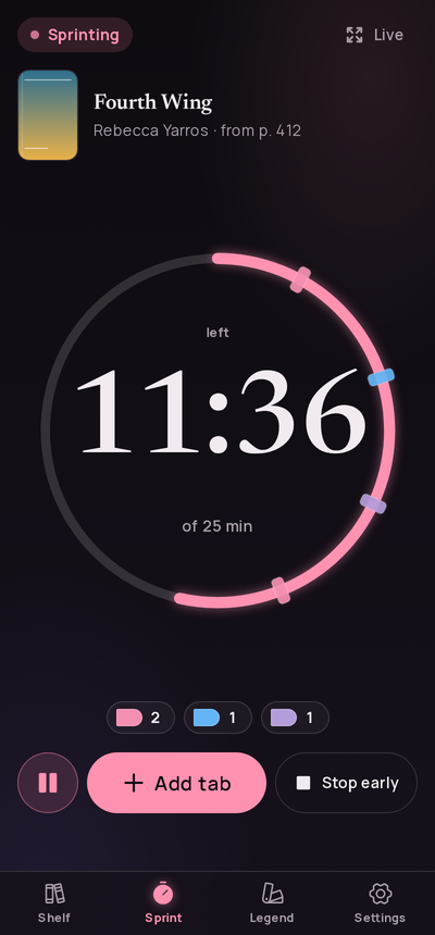A running sprint: the clock inside a ring with coloured ticks for the tabs added, Add tab and Stop early under it