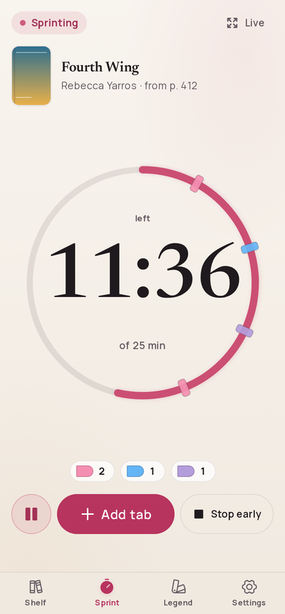 A running sprint: the clock inside a ring with coloured ticks for the tabs added, Add tab and Stop early under it
